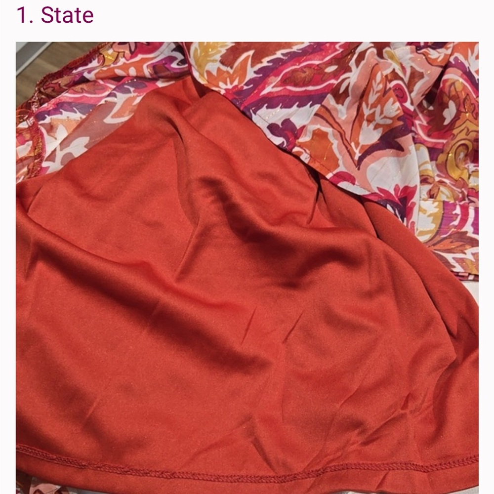 1.STATE Metallic Floral Tiered Mini Dress Size L | Ruffle Neck Sheer Long Sleeve - Picture 9 of 9